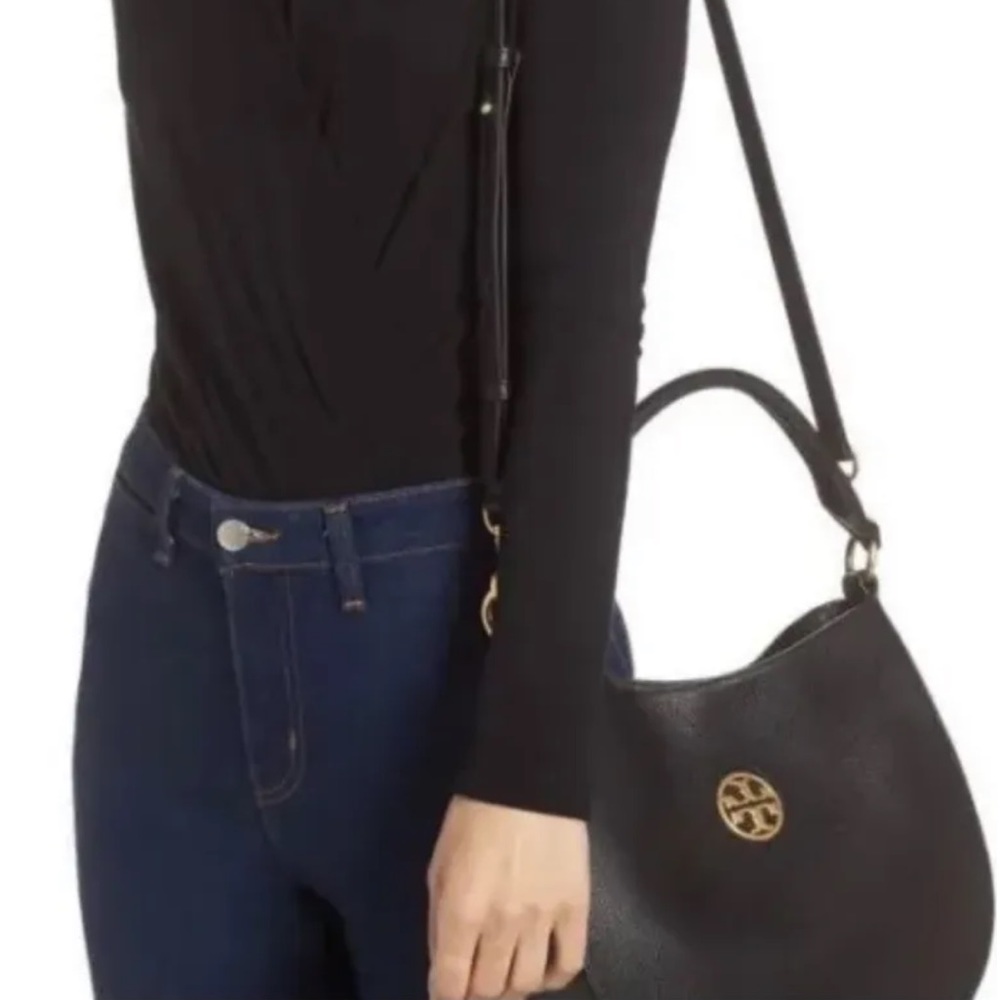 Tory Burch Black Leather Crossbody Hobo with Gold Logo